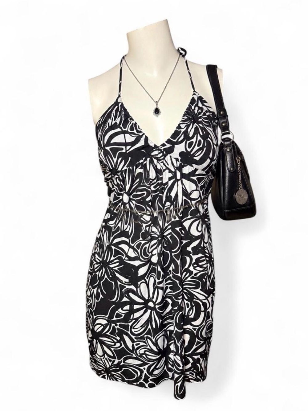 Sweet Storm Y2K Black White Floral Halter Mini Dress M